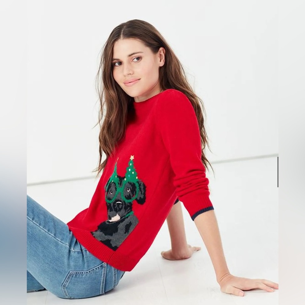 Joules The Cracking Sweater in Festive Dog, Size US 10/UK 14